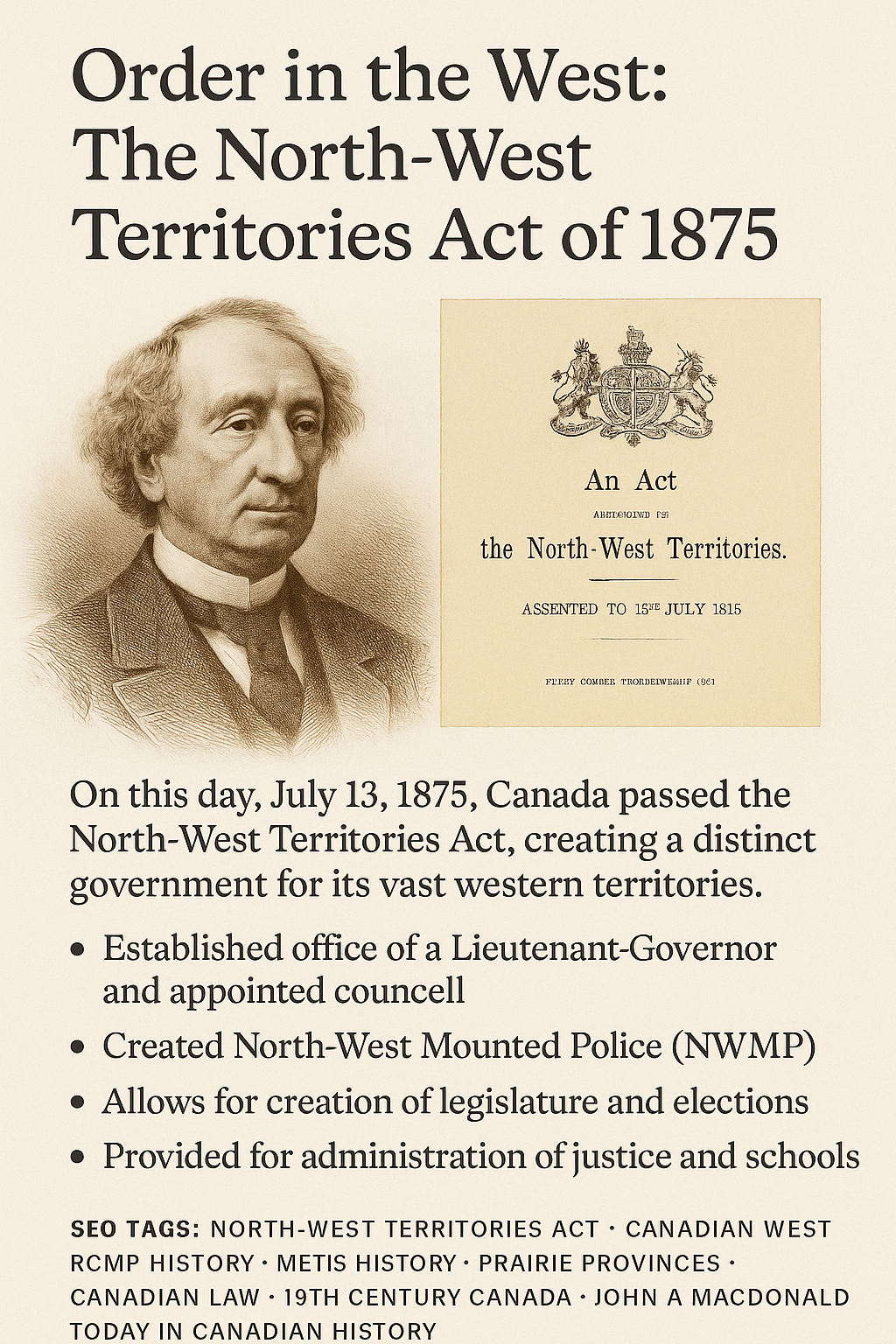 Today In Canadian History July 13: Order in the West: The North-West Territories Act of 1875